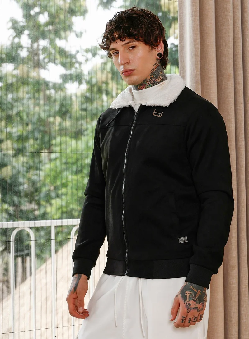 CAHOOT  Men's Contrast Sherpa-Lined Suede Bomber Jacket | Point Collar , Long Ribbed Cuff Sleeves , Zipper Closure , Ribbed-Straight Hem | Solid Woven Textured For Casual & Daily | Raven Black for Men | Best Price UAE